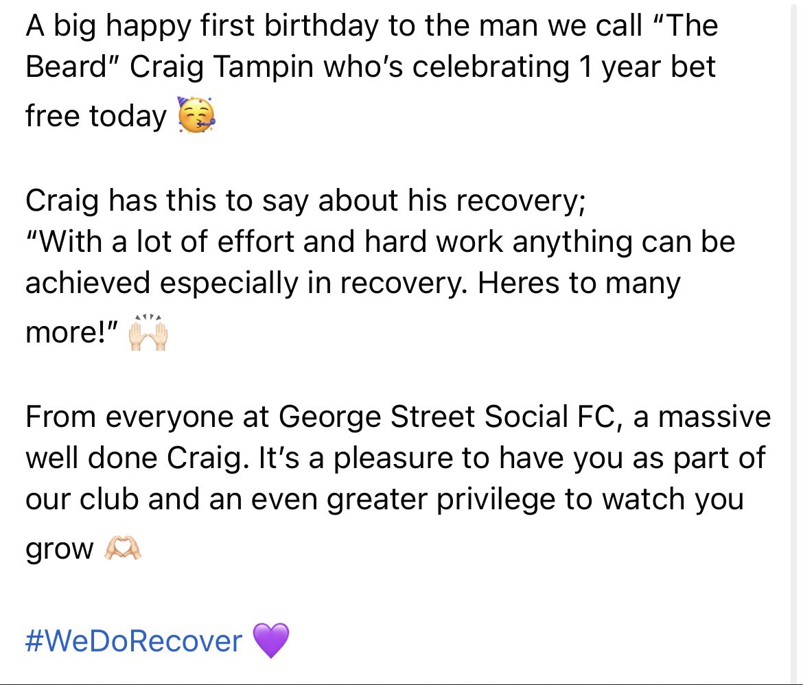 GeorgeStreetFC's tweet photo. A big Happy 1st Birthday to “The Beard” Craig Tampin 🥳 

#HappyBirthday #Recovery #WeDoRecover 💜 https://t.co/BRqQhSzrFQ