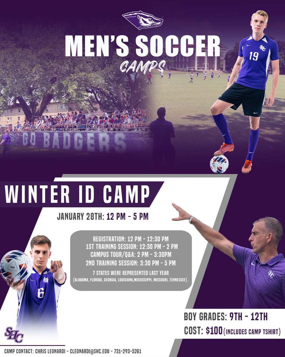 Registration for our Winter ID Camp (Jan 28)  is open, get signed up now and get a taste of life on the Hill at Spring Hill College! 

camps.jumpforward.com/shcsoccercamps…

#ALLin x #HillYeah
<a href="/SHC_BADGERS/">Spring Hill College Athletics🦡</a>