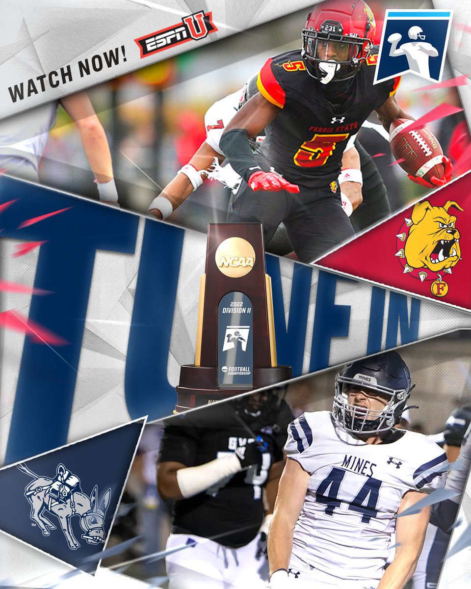 NCAADII's tweet photo. HERE WE GO. IT'S GAME TIME! 😤

@FerrisFootball 🆚 @MinesFootball
 
⏰ NOW
📺 ESPNU | https://t.co/tGii3r9cbe
🔗https://t.co/1lwzuS0SjW
📊https://t.co/0Ib8OrgTWv

#D2FB | #MakeItYours https://t.co/j6EJJ9hDY2