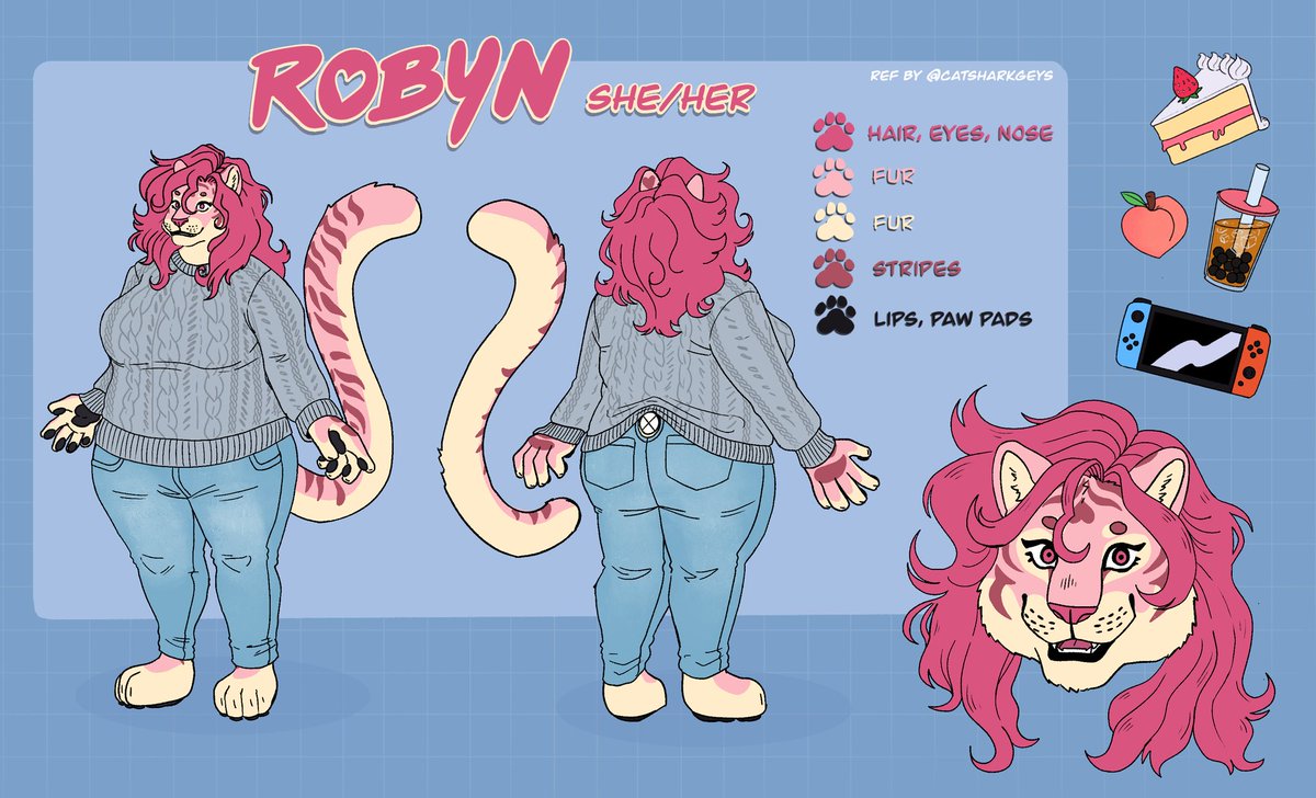 BigTigerPuff's tweet photo. NOW I CAN SHARE ALL THESE AMAZING REFS BY @CatsharkGeys! 
He did such an amazing job bringing my sona to life! She looks more soft, pretty, and cute than I could imagine 💛 https://t.co/Df9CP3jKK1