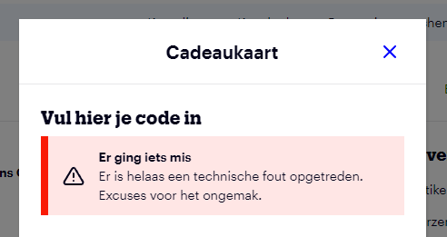 SimonJannink's tweet photo. @bol_com Enig idee hoe dit te fixen valt? Krijg deze foutmelding met 2 verschillende cadeaukaarten https://t.co/zNvQcT5RKE