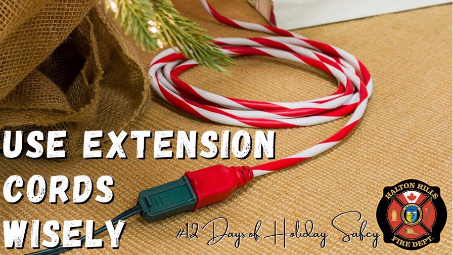 HaltonHillsFD's tweet photo. On the 6th Day of Holiday Fire Safety
the #HHFD reminded me…… to use extension cords wisely. When using extension cords for decorations do not run them under rugs, check them for damage and only use as a temporary connection. #12DaysofHolidayFireSafety https://t.co/qayXHZk4K7