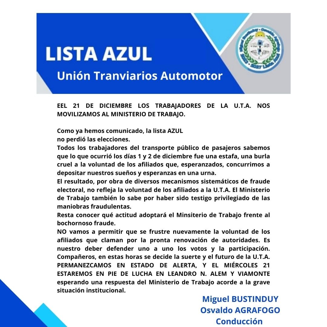 🚌Movilización al Ministerio de trabajo de Nación.
💙✌️🇦🇷
Los trabajadores y trabajadoras queremos que se cumpla nuestra voluntad.
#democracia 
#transportepublico 
#UTA