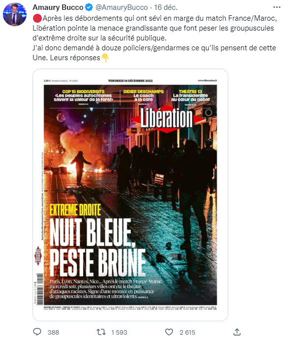 [THREAD] 

<a href="/AmauryBucco/">Amaury Bucco</a> journaliste spécialisé pour faire monter la xénophobie via la chaîne de Bolloré, a publié 12 (faux?) témoignages de policiers, pour commenter la Une de <a href="/libe/">Libération</a> 

Les arguments sont tellement fous que j'en fais un thread

Allezzzz c'est parti 👇