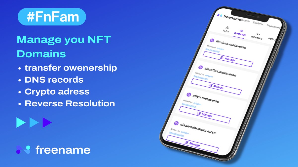 freename's tweet image. ✅#NFT #DOMAINS are so much more than a JPEG!⁣⁣
⁣
🔹It's all together: your #Crypto wallet #Web3 Identity #metaverse #avatar⁣⁣

🔹it's a unique piece #minted on the #blockchain with #monetizable value💰⁣⁣

🔹You can hold or sell for higher value📈⁣⁣