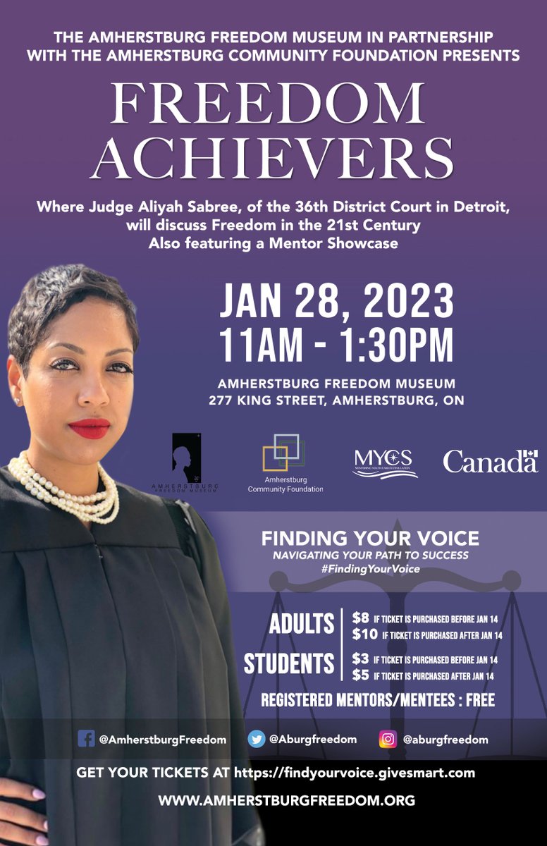 On January 28, 2023 at 11am <a href="/Aburgfreedom/">Amherstburg Freedom</a> in partnership with <a href="/AmherstburgCF/">Amherstburg Community Foundation</a> will host our next Freedom Achievers Speaker Series Guest, Judge Aliyah Sabree. There will also be a mentor showcase. To register, please go to findyourvoice.givesmart.com