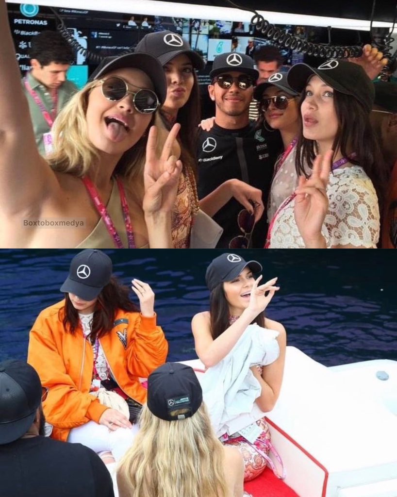 2015 Monako yarışı öncesinde Lewis Hamilton; Gigi Hadid, Bella Hadid, Hailey Bieber ve Kendall Jenner ile beraber Mercedes garajında.