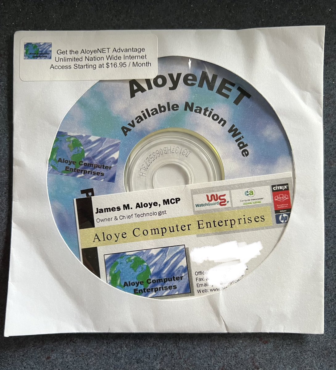 JimAloye's tweet photo. Wow! One of the original #AloyeNET #nationwide dial up internet access CD’s back from 1999 when we went head to head with #aol, #compuserve, and #prodigy with artwork by Keith Scharlach aka https://t.co/NqOq1ytRHv https://t.co/xo60GOZYNI