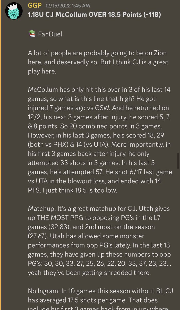 GamblingG0D's tweet image. 12-2 VIP Run! 💫💰🔥

✅ Sabonis REB
✅ CJ PTS
✅ CMC REC
✅ Giannis PTS
✅ Herro 3PM
✅ Bam REB
✅ Hali PA
❌ Rozier/CHA
❌ Zion PTS
✅ Bridges PTS
✅ Draymond PRA
✅ MEM/DAL
✅ KD PTS
✅ Bam REB

Use the promo code “50%GGP” &amp;amp; get 50% off any package!👇 

ggproducts.square.site