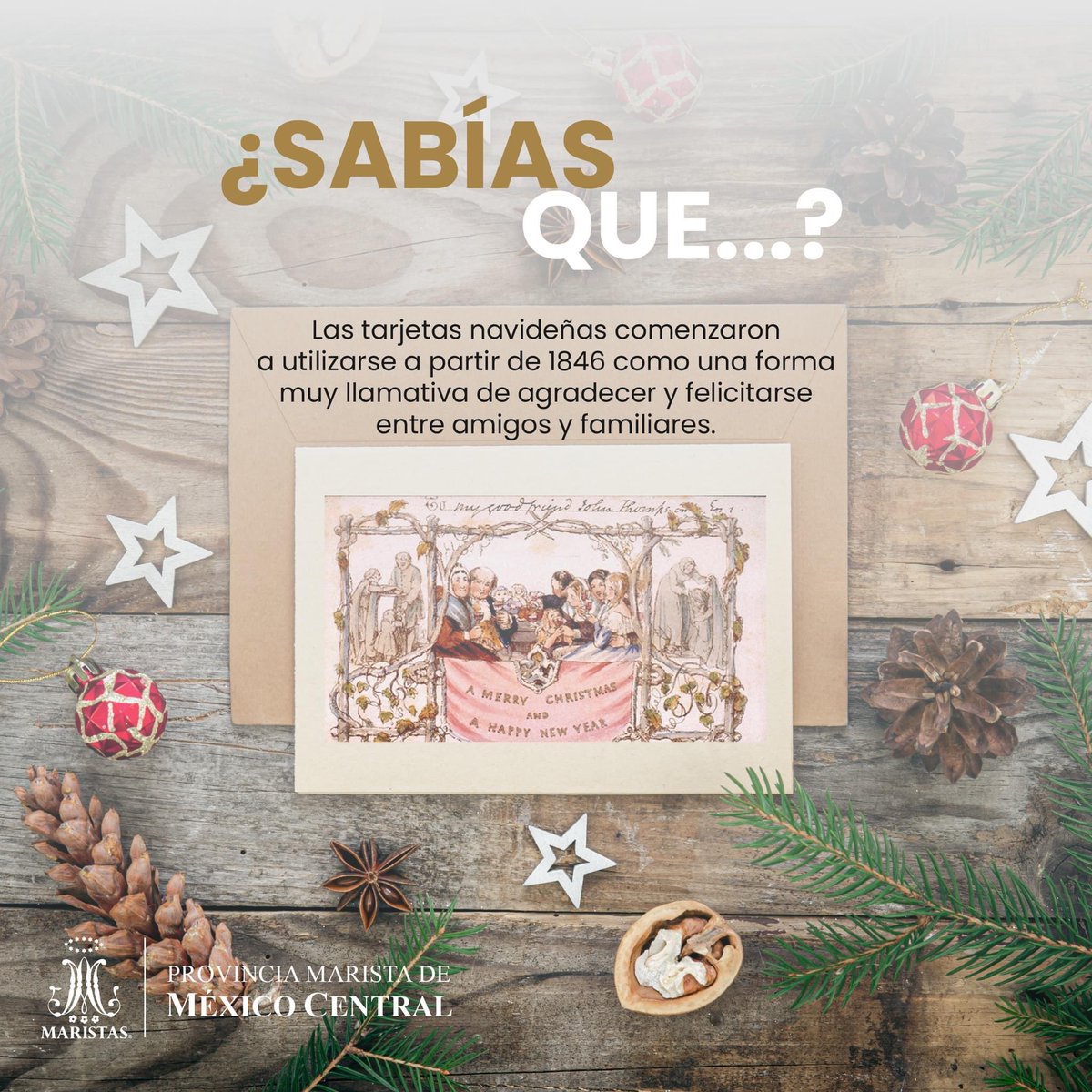 🤔En 1846 Sir Henry Cole encargó a un amigo pintor que le dibujara y pintara una escena navideña, que luego mandaría reproducir en una imprenta. En todas ellas, Cole escribió un mensaje de felididad, después las firmó y envió por correo a sus amigos y familiares.