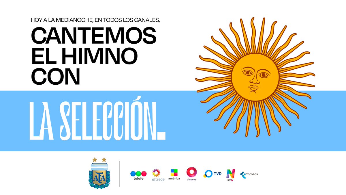 sportingnewsar's tweet photo. 🎶 ¡Hoy a la medianoche!
📺 Todos los canales de aire (Telefe, eltrece, América, El Nueve, Televisión Pública y Net Tv) transmitirán el Himno Nacional Argentino que cantaron los jugadores en #Qatar2002 en vez de usar su clásica versión. Todos con #LaScaloneta
#FIFAWorldCup https://t.co/ZXMrcLOsHl