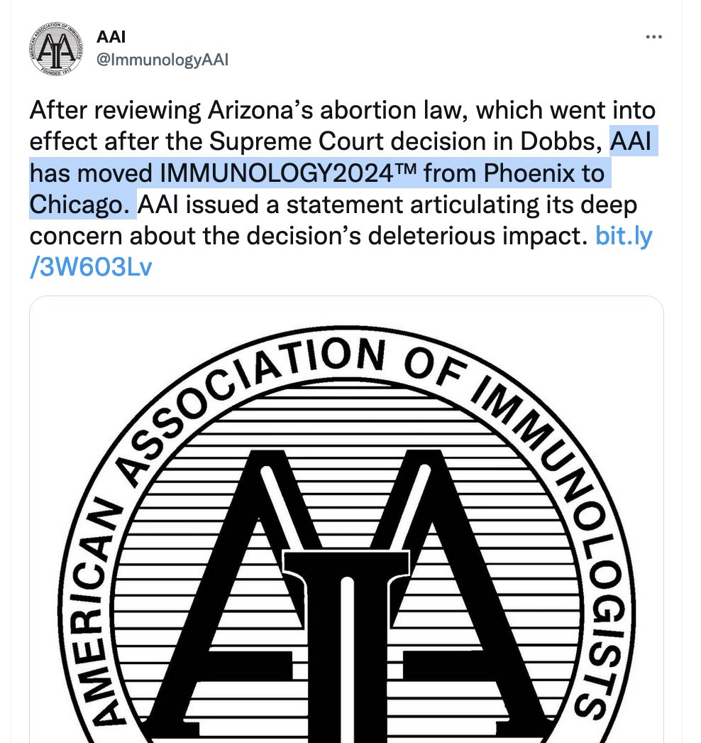 When your professional society leadership tells you action is impossible - tell them  IT IS!! 
The American Association of Immunologists is moving #Immunology2024 from Pheonix in response to Arizona's draconian abortion law. 
@atscommunity @accpchest @SCCM follow @ImmunologyAAI!!