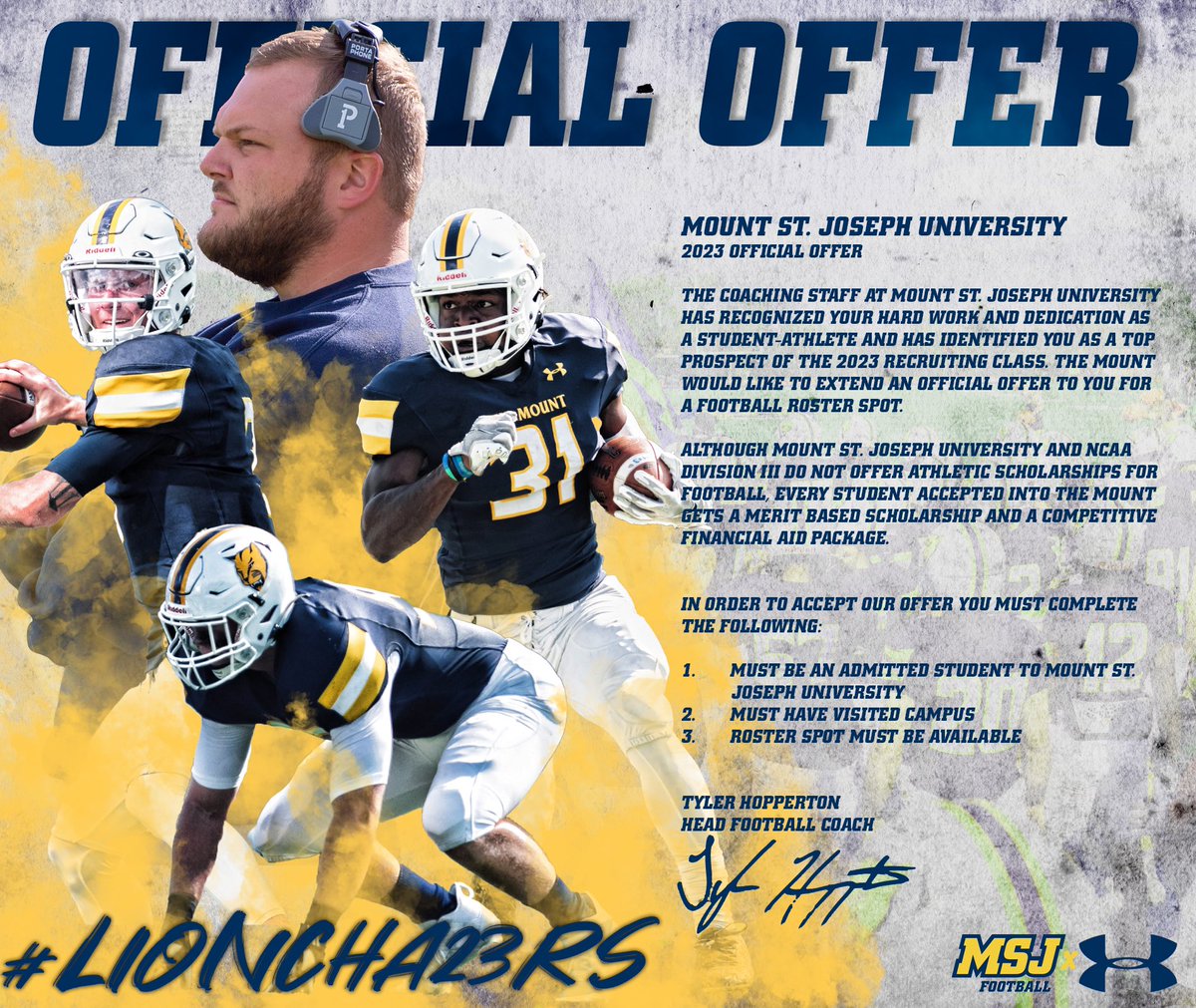 After a great visit and conversation with <a href="/Coach_DHughes/">Darold Hughes</a> I am blessed to have received an offer from <a href="/MSJ_FB/">Mount St. Joseph Football</a>