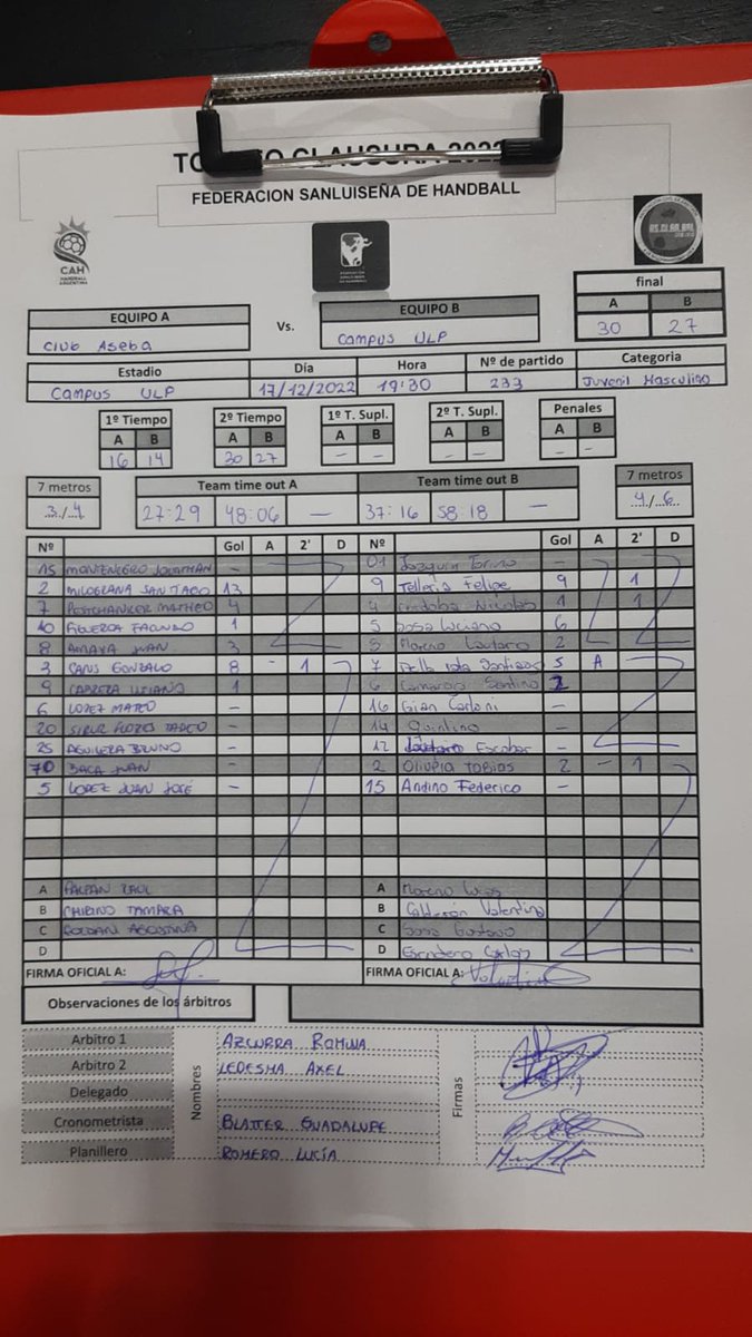 🤾‍♂️🤾‍♀️TORNEO CLAUSURA 2022 🤾‍♂️🤾‍♀️
🏆FINAL - JUVENIL MASCULINO
FINAL DEL PARTIDO
Club Aseba 30 - 27  Campus U.L.P.