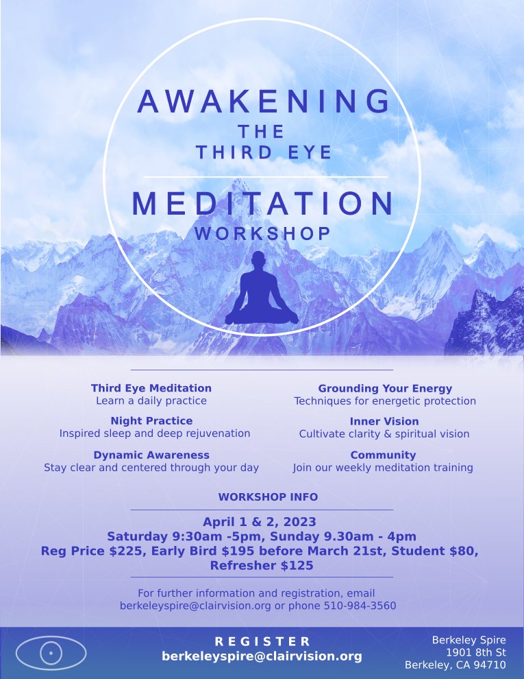 BerkeleySpire's tweet photo. Join us at the Berkeley Spire for an Awakening the Third Eye workshop, April 1st and 2nd, 2023!
See our website for details: https://t.co/6r2Nl38Uu9 https://t.co/7PB7Madwny
