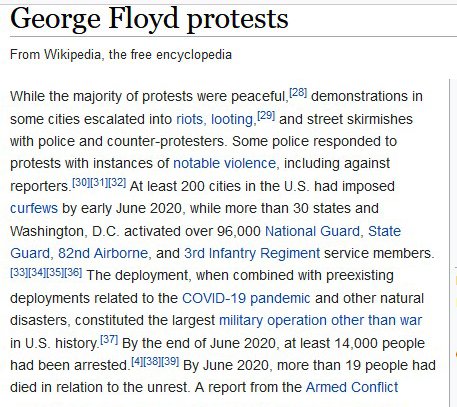 michaelmalice's tweet photo. Wikipedia: 
7 accounts getting suspended-- "massacre"
14,000 arrests, 19 dead, biggest national guard deployment ever-- "protests" https://t.co/oZ9ohqTqy6