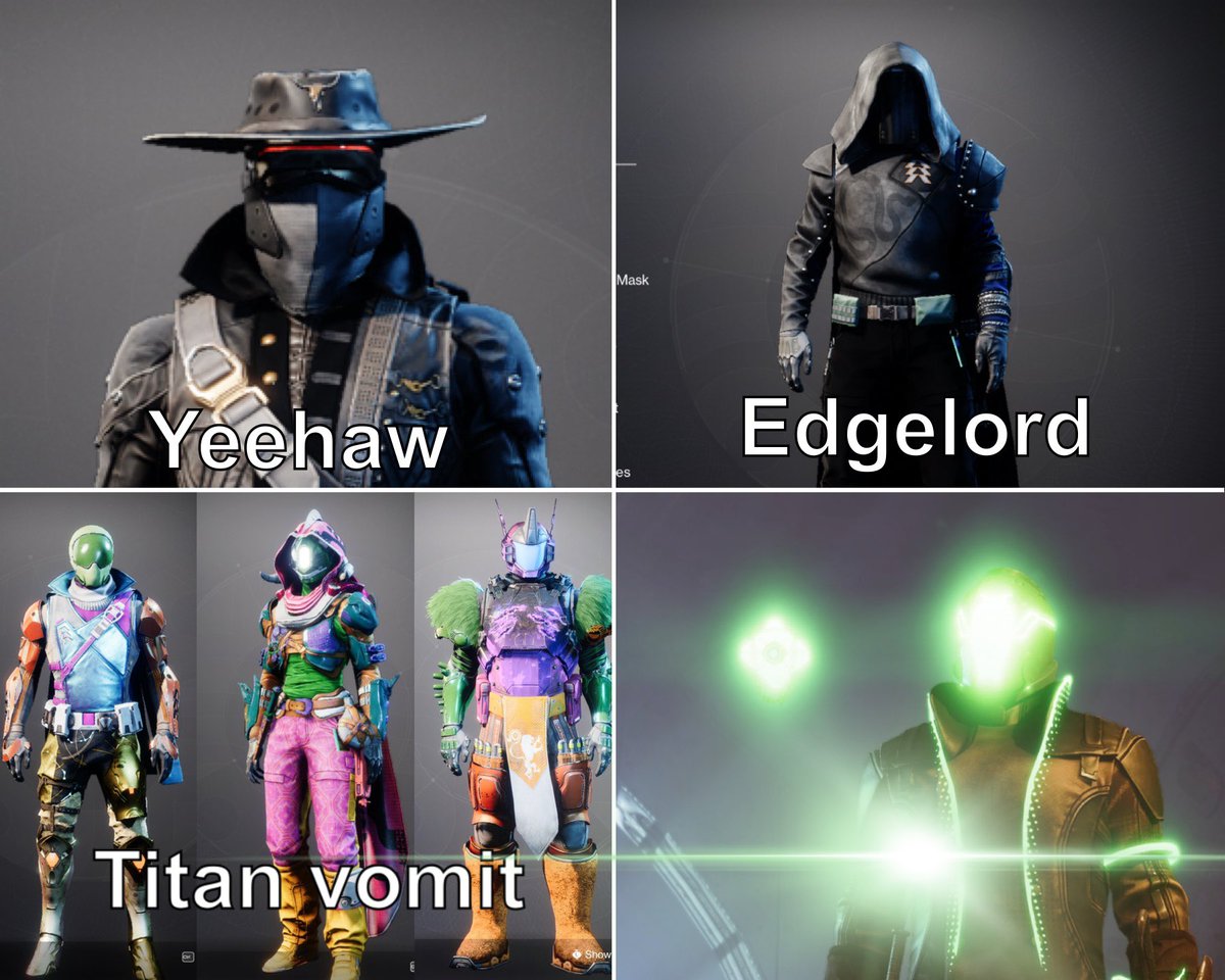 destiny_thememe's tweet image. Guardians will reach 1350 light and pick one of these to be their entire personality