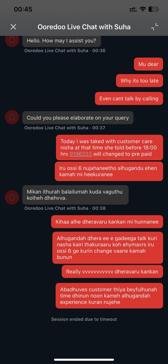 SaydSaaidh's tweet photo. Mi concern ah javaabeh nudhi session time out vehjje @OoredooMaldives https://t.co/tkxcjm8f11