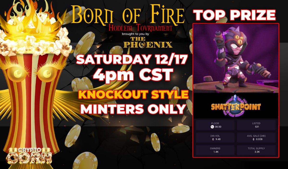 CryptoCorn_io's tweet photo. ⚔ 🔥 🔥 BORN OF FIRE 🔥 🔥 ⚔

🗓 Today at 4pm CST

As @0xPolygon makes its way to the forefront we have 2 x @Shatterpointgg #NFTs up for grabs this week.

A Classic Web 3 mobile game
Love it ❤

⚠️ MINTERS ONLY ⚠️

 🍿https://t.co/sYOAwZZ75x 🍿

Club GG id: 128818

#PolygonNFT https://t.co/DTD4s4hZ9a