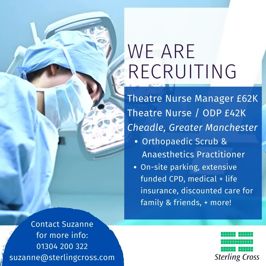 _SterlingCross_'s tweet photo. An experienced #ODP or #TheatreNurse looking to take that next step in your career? Or for a change of scenery?
Why not join our internationally renowned hospital in #Cheadle
Contact Suzanne for info:
01304 200 322 / suzanne@sterlingcross.com
#nursejobs #operatingdepartment https://t.co/WAjaJw2eBg