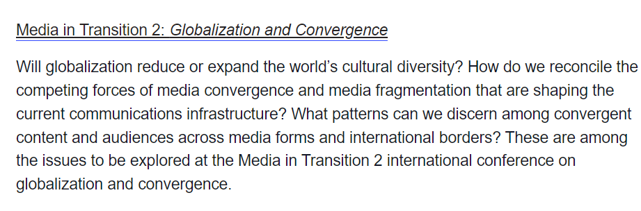 firasd's tweet photo. A major strand in 90s 'globalization' discourse was whether interconnectedness would homogenize everything or encourage subcultures to flourish.

Randomly came across this agenda for a 2002 MIT event describing this thinking https://t.co/oWD2oX9dKQ