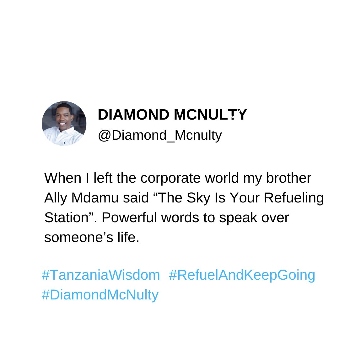 Diamond_McNulty's tweet photo. When I left the corporate world my brother Ally Mdamu said โThe Sky Is Your Refueling Stationโ. Powerful words to speak over someoneโs life.
Join my mailing list #SuccessTribe
https://t.co/oyP7VZ7HKT
#DiamondMcNulty #WearSuccess #McNultyInternational https://t.co/u77s0fzQUM