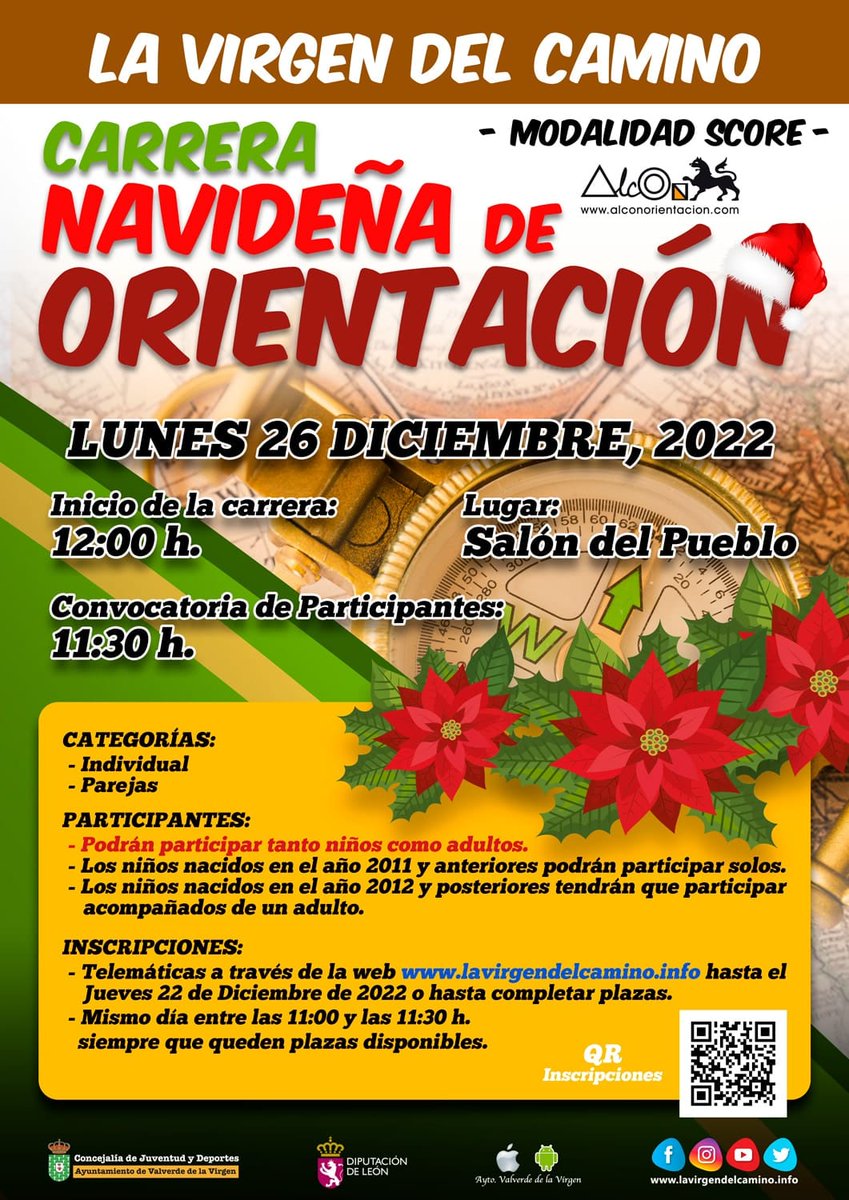 El 26 de diciembre, La Virgen del Camino acogerá su primera carrera de orientación navideña. 
Individual o por parejas.
Modalidad score.
Inscripciones hasta el 22 de diciembre o el mismo dia hasta que se acaben los mapas