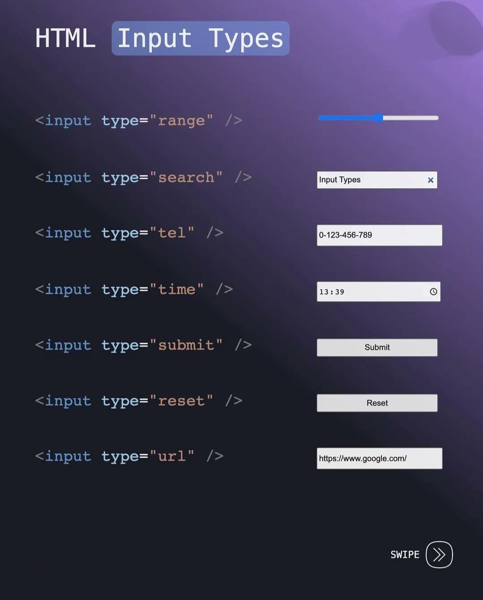 UpgradSkill's tweet photo. HTML Inputs

#development #websitedesign #frontenddeveloper #graphicdesign #uidesign #reactjs #tech #linux #bootstrap #nodejs #angular #programmers #programmingmemes #softwareengineer #seo #jquery #uxdesign #htmlcoding #programminglife #android #htmlcss #computer #digitalart https://t.co/AohD4gJNil