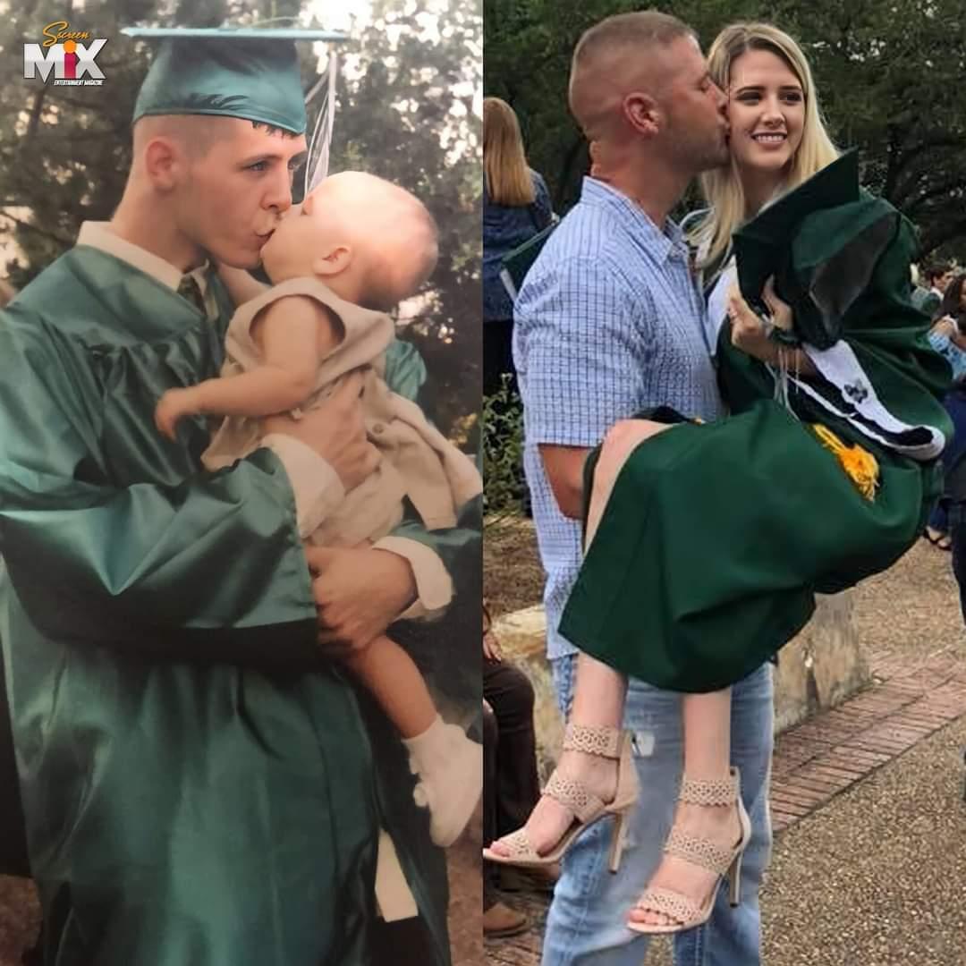 صورة الأب يحمل إبنته لحظة تخرجه، والأخرى لحظة تخرجها بعد 18 عام. ❤️