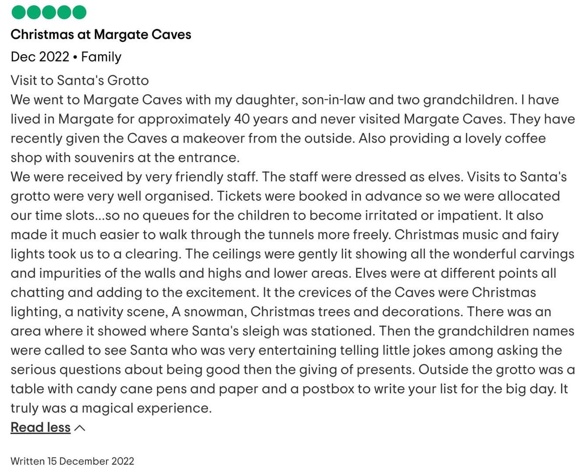 We've been getting wonderful reviews of visits to Father Christmas 🎅🥰  Book soon for a visit this coming week - we're getting booked up! margatecaves.co.uk/visit