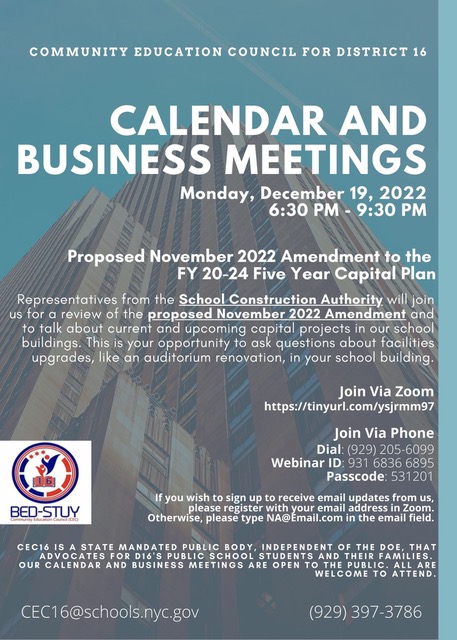 Join our CEC 16 @council_16 meeting this Monday. #ItTakesAVillage @NequanMclean <a href="/D16LEADS/">Brooklyn Community District 16</a> <a href="/CommunitySupt16/">Community Superintendent District Sixteen</a>