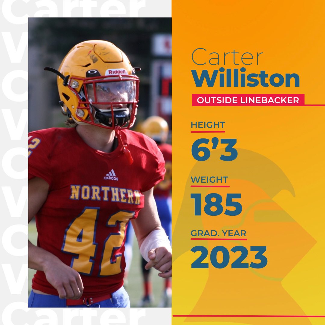 Next up is <a href="/C_Williston42/">Carter williston</a>. 

This dynamic OLB brings speed, toughness and IQ to every play. A difference maker, no fast running back is getting outside. Another Red Knight defender ready for the next level.

Watch tape: hudl.com/v/2K0BKR

#piecesofeight ❤️💛💙