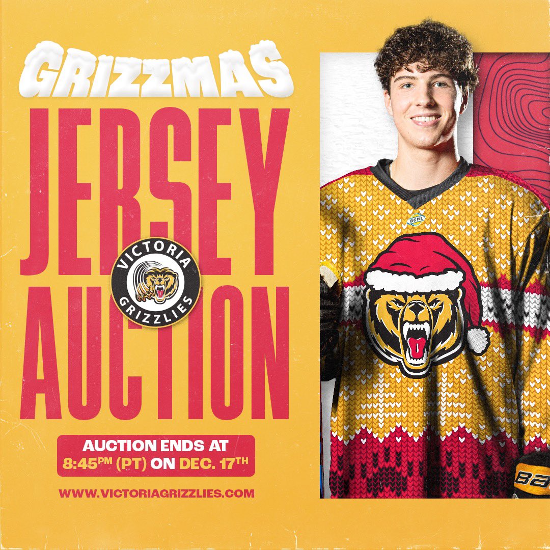 BCHLGrizzlies's tweet photo. Have you checked out these amazing jerseys that our players are wearing today for our Grizzmas Party? The auction is on now and closes at 8:45 pm today. 

BID ON YOUR FAVOURITE PLAYER NOW at:
@Auctria

https://t.co/C361le4P9l

#UglyChristmasSweater #Jersey #HockeyJersey #Grizzmas https://t.co/aB1XF6MI01