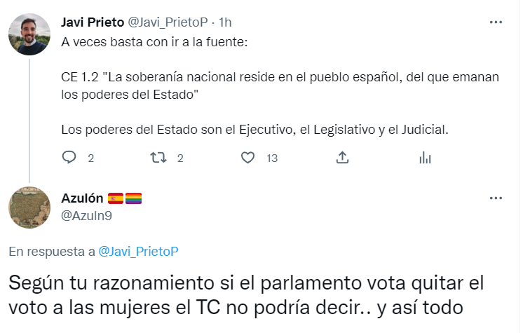 El nivel de comprensión lectora es regular, al que se añade la apropiación de términos. Mi cita de la Constitución, en clara defensa de la separación de poderes y del papel del TC como garante, sin embargo tiene dos respuestas reclamando dicha defensa. Parémonos a leer.