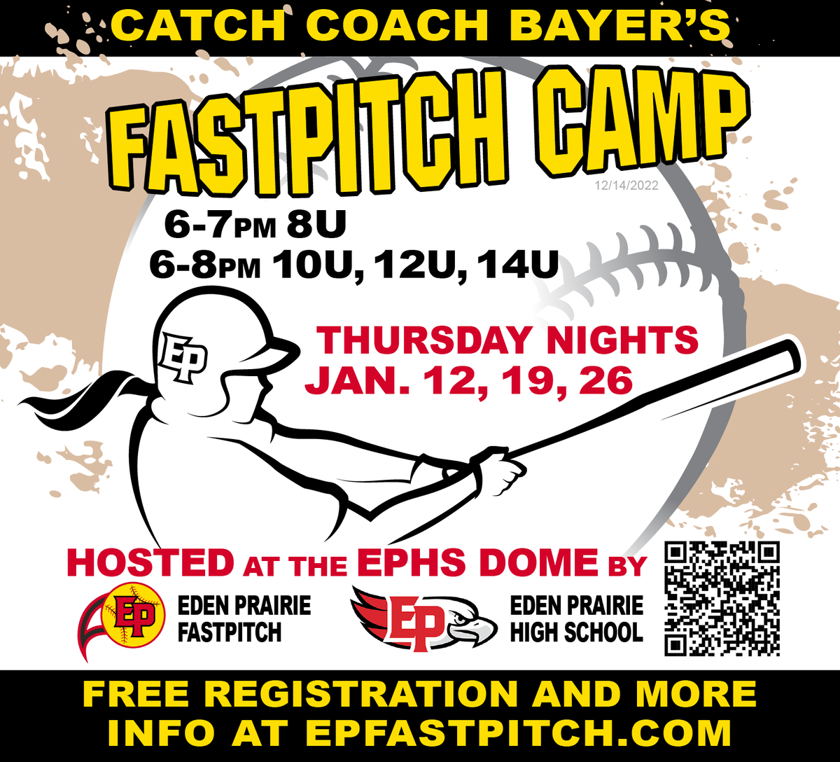 Coach Bayer Fastpitch Camp is back Jan 12, 19, and 26. Coach Bayer will be working with girls on fastpitch fundamentals preparing for player evaluations. These FREE camps are open to all EPFA players ages 6U-14U. Register on SignUpGenius if attending at EPFastpitch.com.