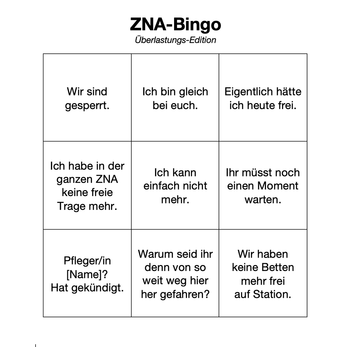 Jetzt neu! Darf auf keinem Rettungswagen fehlen: Das ZNA-Bingo, Überlastungs-Edition! Erhältlich überall, wo es Antidepressiva gibt. #Rettungsdienst #MedizinBrennt #Medibubble