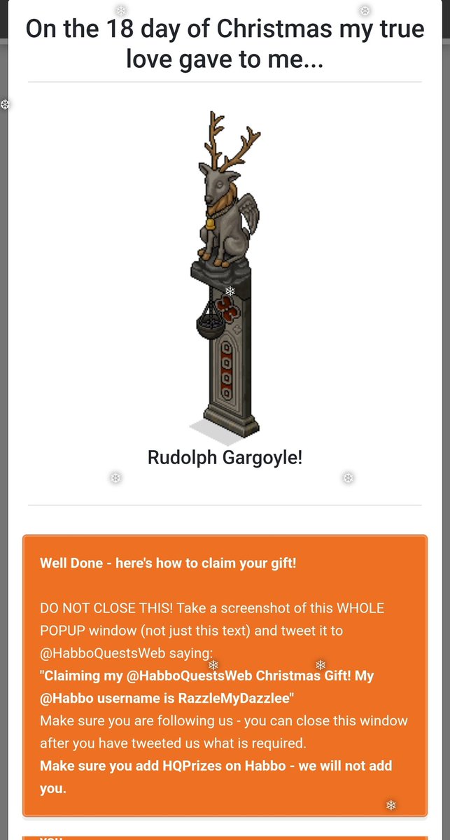 Claiming my <a href="/HabboQuestsWeb/">HabboQuests.co</a> Christmas Gift! My 
<a href="/Habbo/">Habbo</a> username is RazzleMyDazzlee