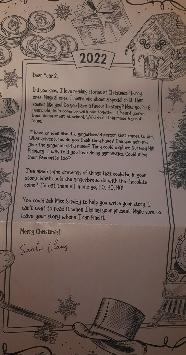 MissScrubyNHP's tweet image. Year 2 had a letter back from Santa asking them to write him a story about a gingerbread person. Maybe you could do this over the holidays - I would love to read them when we return in January.