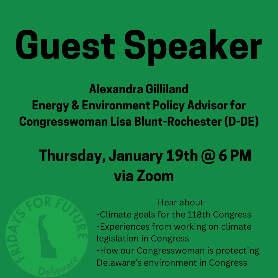 fffdelaware's tweet photo. We’re having a guest speaker to ring in the new year! Come and listen to Alexandra Gilliland, the Energy &amp; Environment Policy Advisor for Congresswoman Lisa Blunt-Rochester (D-DE).  RSVP ahead of time at this link: https://t.co/rSKmNuS4Iw

We hope to see you there! https://t.co/GEkKSLab1P