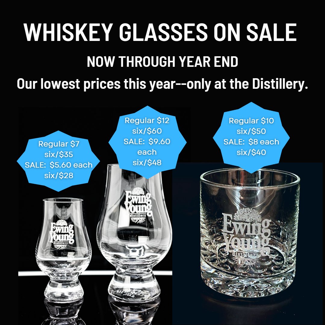 SALE ON GLASS.  Only at the distillery--our lowest prices of the year. #shoplocal #supportsmallbusiness #ewingyoung #ewingyoungdistillery #glencairns #rocks #cocktails #saveonsets