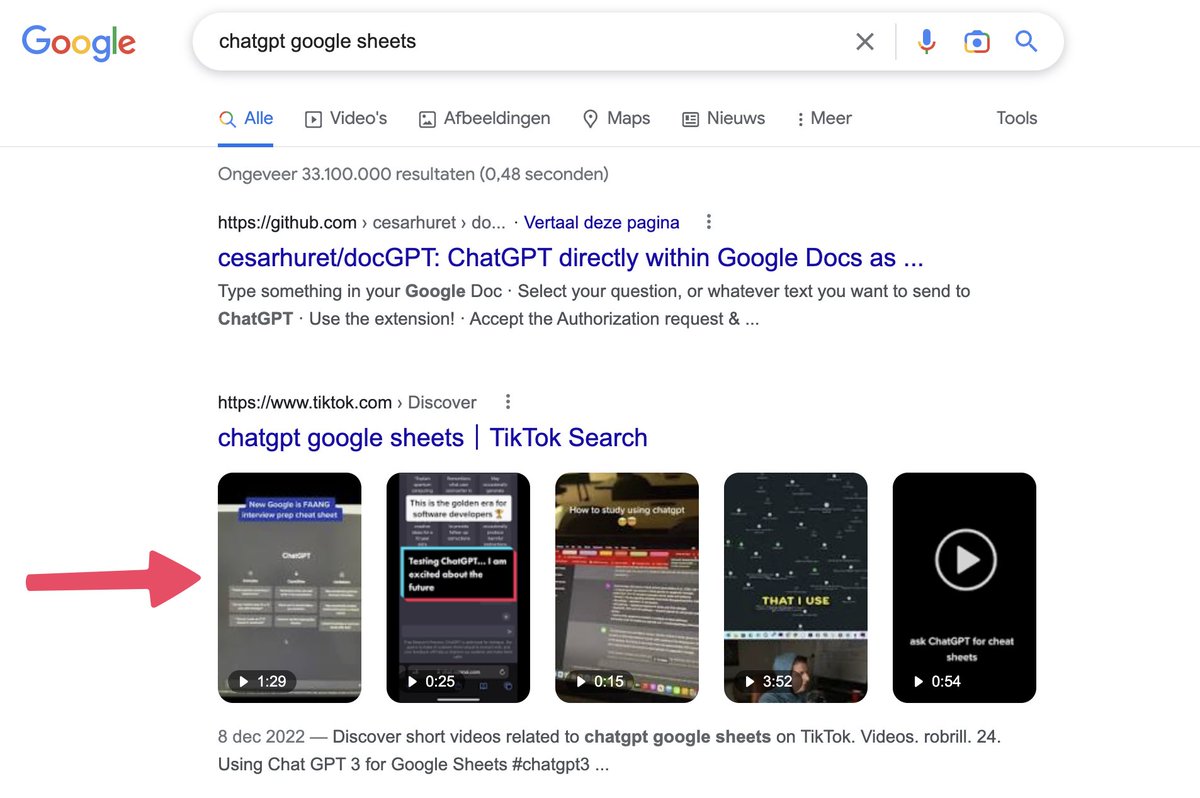 Voorbeeld van TikTok video in de Google #SERP