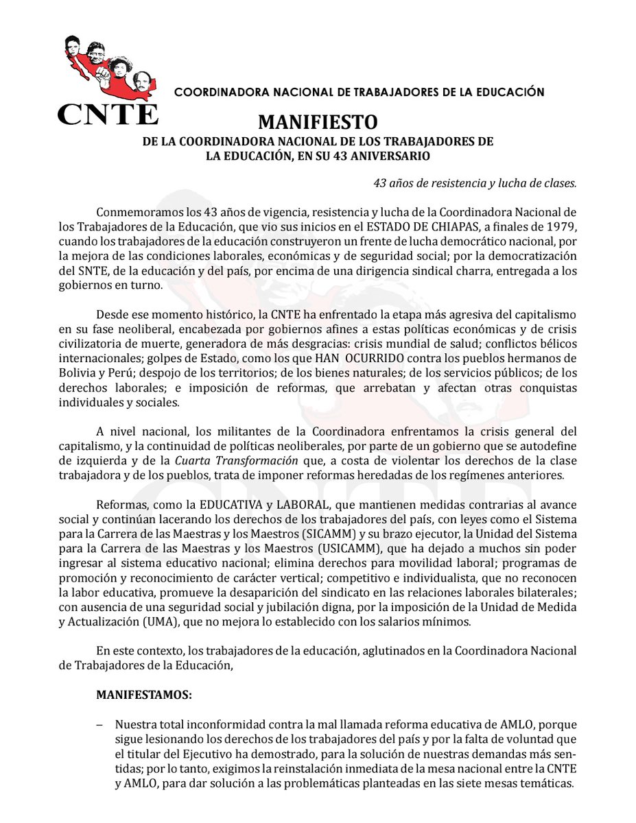 Seccion22Cencos's tweet photo. *MANIFIESTO DE LA CNTE, EN SU 43 ANIVERSARIO* 
*43 años de resistencia y lucha de clases*
Conmemoramos los 43 años de vigencia, resistencia y lucha de la Coordinadora Nacional de los Trabajadores de la Educación.
*CENCOS XXII-PRENSA Y PROPAGANDA* https://t.co/zx5dC5s2v1
