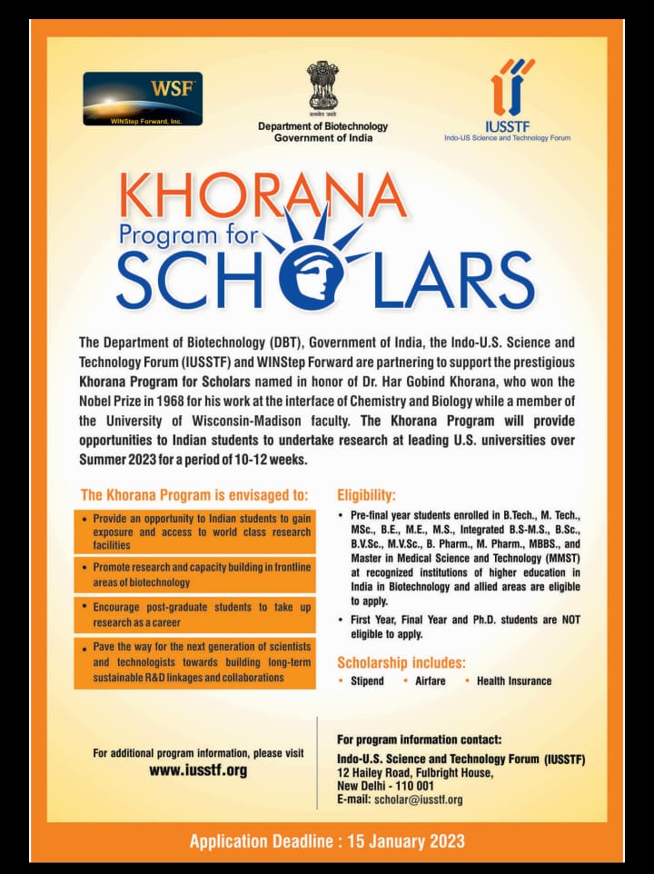 Attention undergraduate and masters students in India, from biotechnology or related fields- Applications for the Khorana program,2023 is now open. Excellent opportunity to gain research experience in the USA. Please apply! <a href="/WinstepF/">WINStep Forward</a>