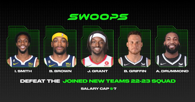 🏀Challenge Lineup🏀

Happy Saturday! 
Its time for another exciting GM challenge! Today's theme is "Joined New Teams" in 22-23. Think you can take them down with only $7? 

Prove it by playing for free at playswoops.online