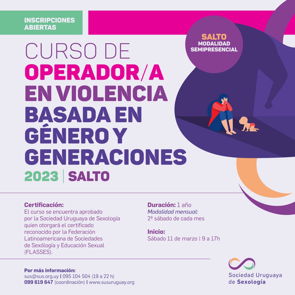 📣 ¡Inscripciones abiertas 2023! #Salto y #Montevideo

Curso de Operador/a de Violencia Basada en Género y Generaciones.

Si trabajás en el área social o en la salud, esta propuesta es para vos. 

👉1 año de duración
✏️095 104 504 / sus@sus.org.uy