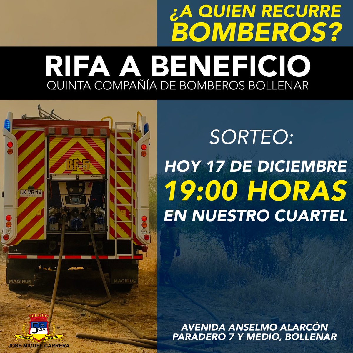 Quinta_Bollenar's tweet photo. ATENCIÓN ATENCIÓN ATENCIÓN!!! 📢🚒🧑🏻‍🚒👨🏻‍🚒
Hoy es el gran sorteo de nuestra rifa a beneficio, desde las 19:00 horas en nuestro cuartel 😉

Atentos a nuestras redes sociales!! https://t.co/uipGWnHXij
