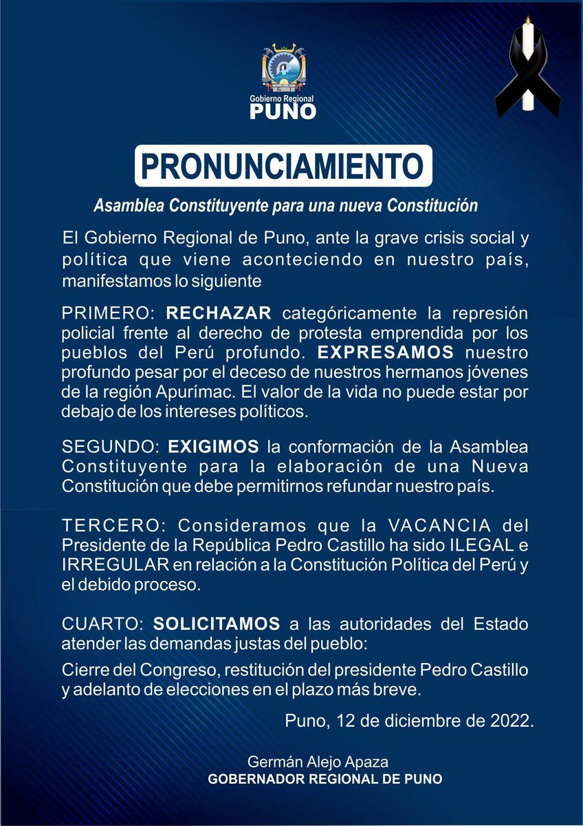 ChacoteroPeru's tweet photo. Gobernadores actuales y electos de Ayacucho Puno Apurimac y Cusco piden la inmediata renuncia de Dina Boluarte https://t.co/y2TzGLFKac
