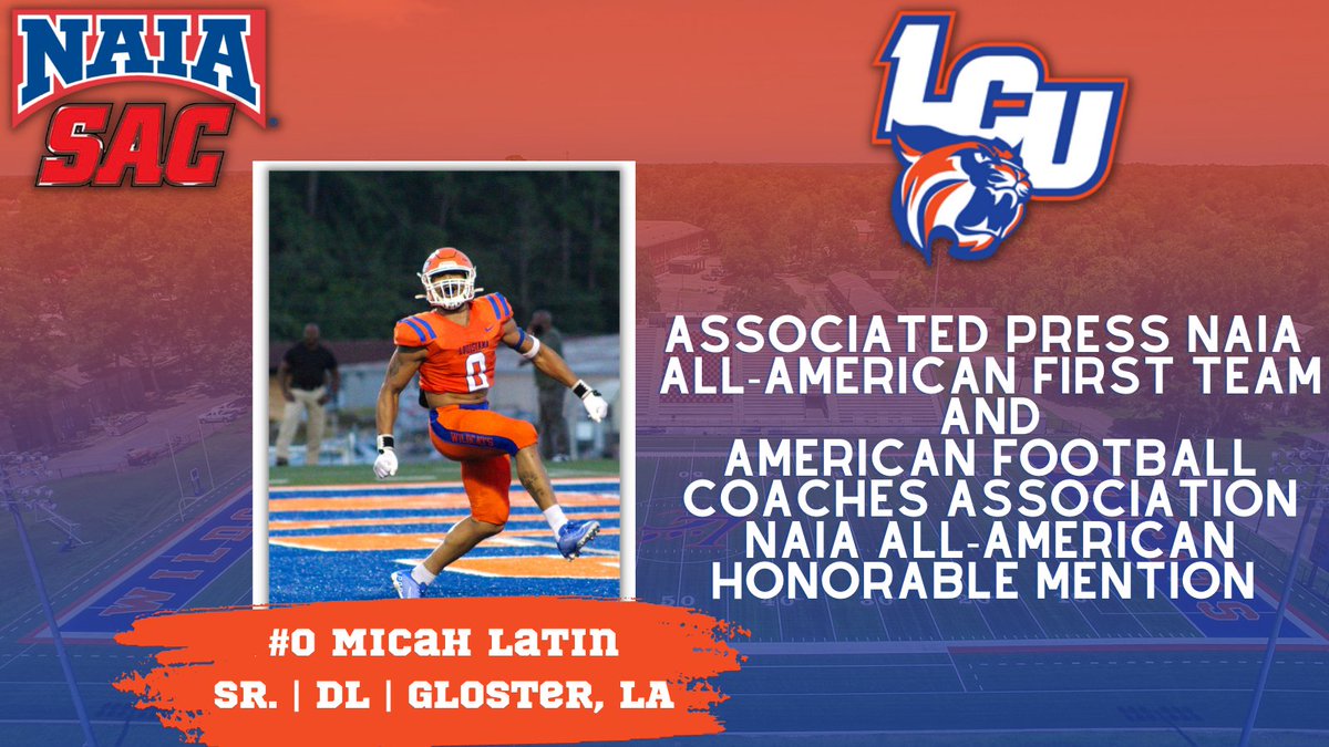 It is a huge honor to announce that Micah Latin achieved not only one but TWO NAIA All-American Honors. Congratulations on a great season!!

#ClawsUp #NAIAFTBALL <a href="/NAIAFBALL/">NAIAFBALL</a> <a href="/LCU_Wildcats/">Louisiana Christian University Wildcats</a> <a href="/LC_University/">Louisiana Christian University</a> <a href="/Sooner_Athletic/">The Sooner Athletic Conference</a> <a href="/KALBSports/">KALB Sports</a>