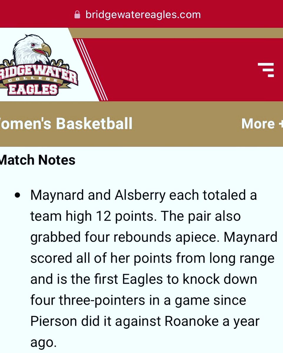 Another nice win for <a href="/BridgewaterWBB/">BridgewaterWBB</a>! Proud of you <a href="/RaeMae25/">Reagan Maynard</a> ! 12 points (4 three pointers) 4 rebounds.