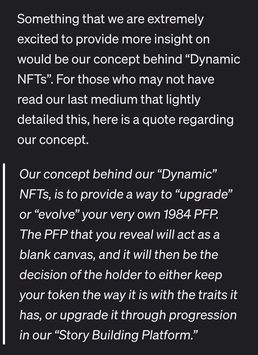 cyphstrain's tweet photo. An excerpt from the BOMBSHELL of a medium recently dropped by @1984global. An overview of dynamic NFT'S. 

In the tweet replying to this one, you see what a dynamic nft is. I'm so bullish it hurts #1984global #1984Citizen #1984art #1984redux #1984worldwide https://t.co/PSIIemhX2q
